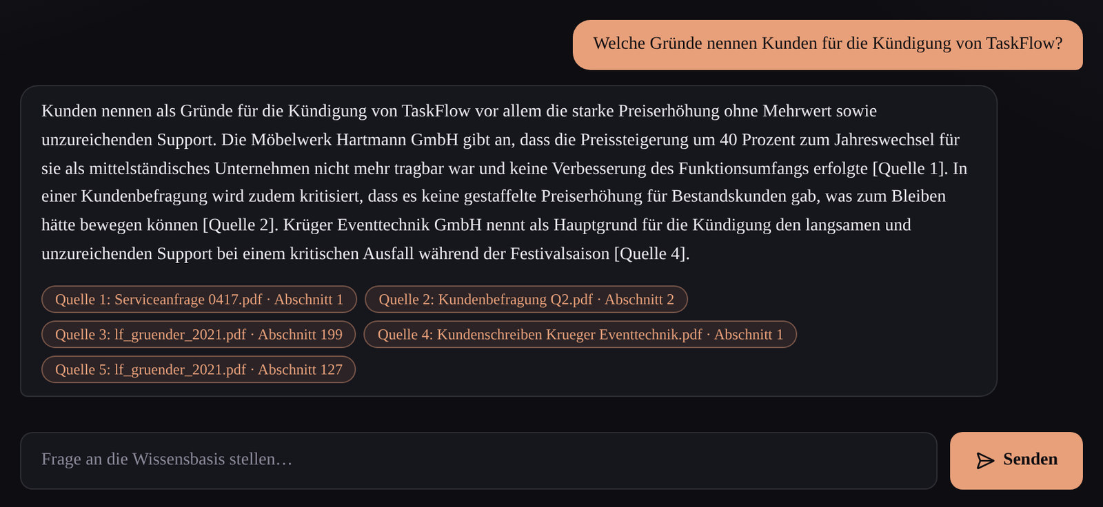Suche in der Dokumentenablage: Frage, Antwort und fünf Fundstellen mit Datei und Abschnitt