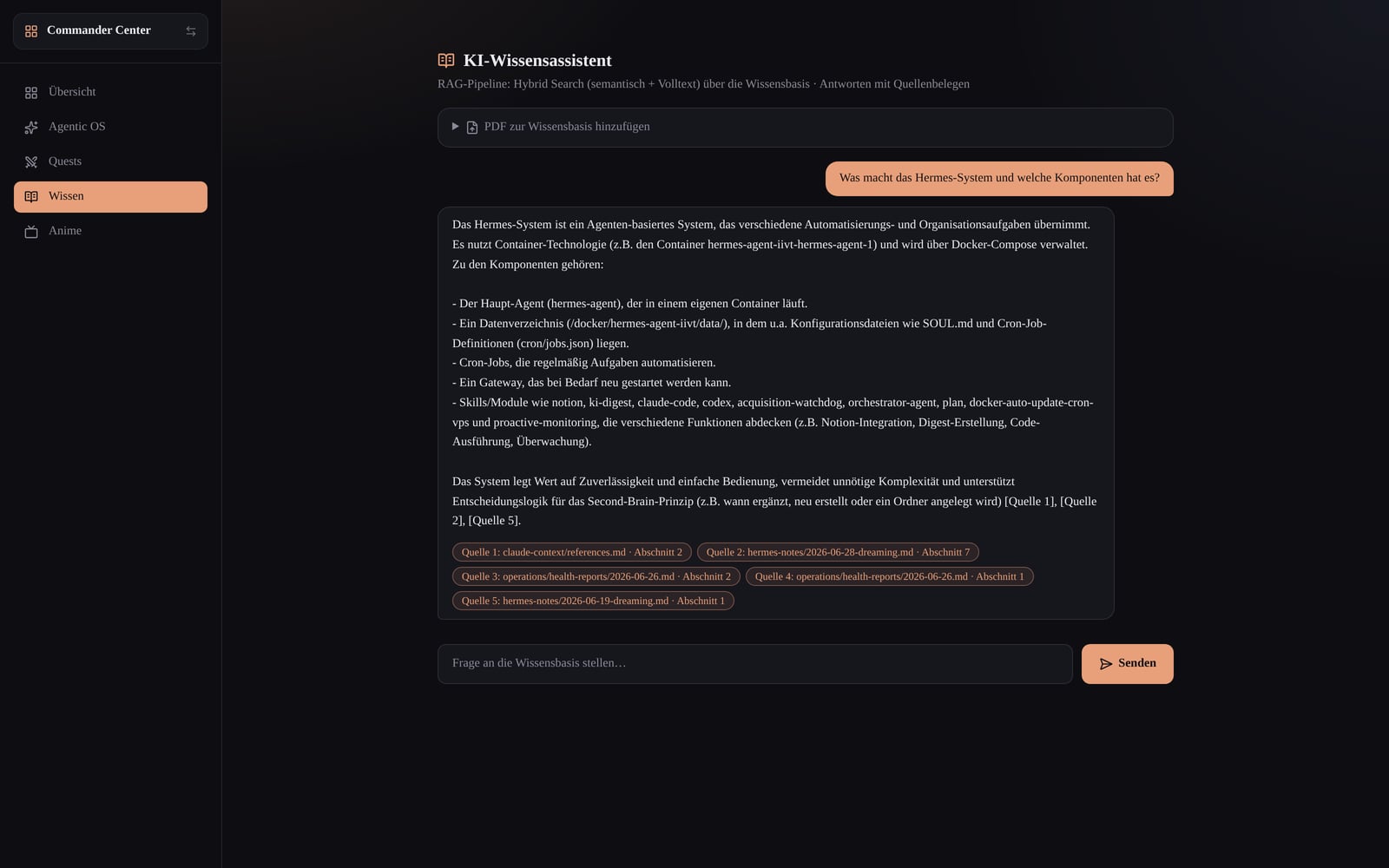 Suche in der Dokumentenablage mit Antwort und fünf Fundstellen