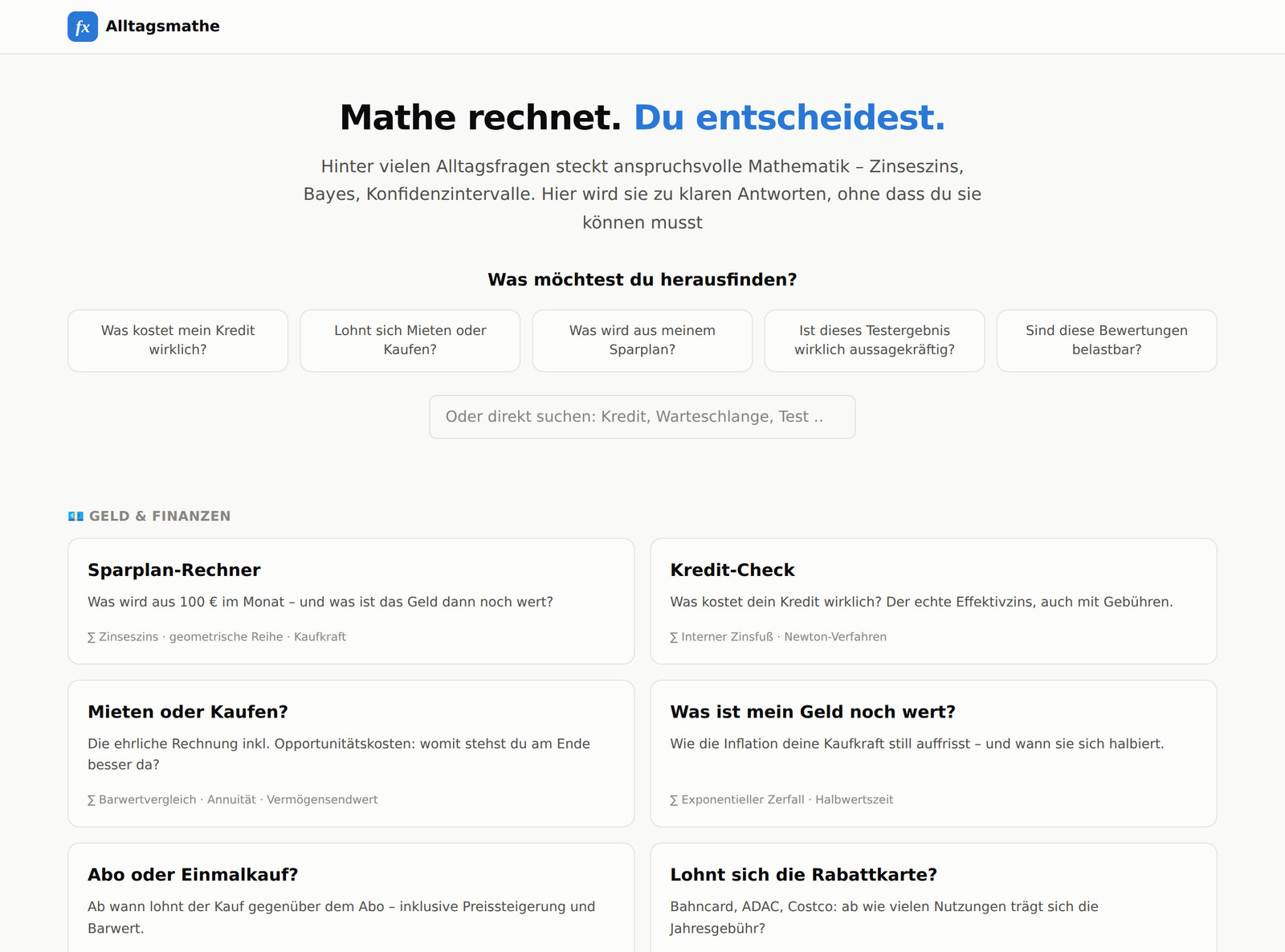 Startseite mit Suchfeld und nach Themen sortierten Rechnern
